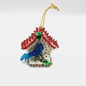 Vintage Push Pin Christmas Ornament Sequin Bird House Bluebird Handmade 2.5"